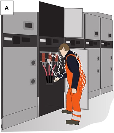 An illustration of a man in orange work overalls bending over an open high-voltage switchgear cabinet, his hand reaching towards the connections, with jagged lines of electricity arcing from them to his hand and down his body.