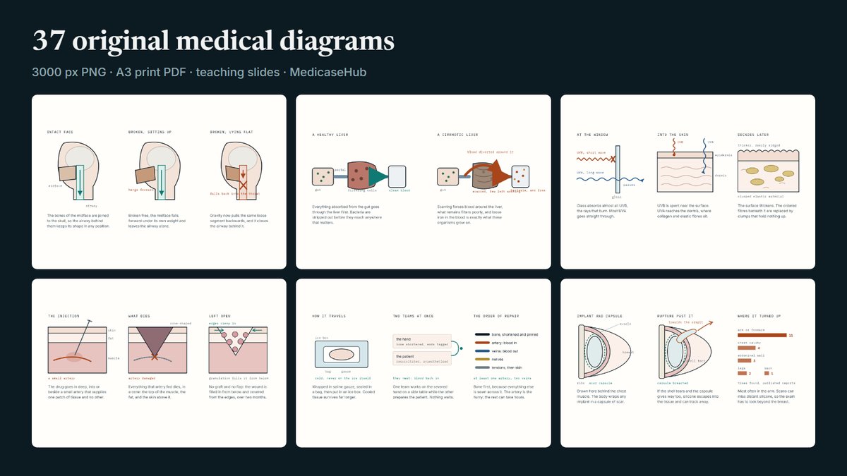 Preview of the diagram pack: six of the MedicaseHub diagrams laid out in a grid under the heading 37 original medical diagrams.